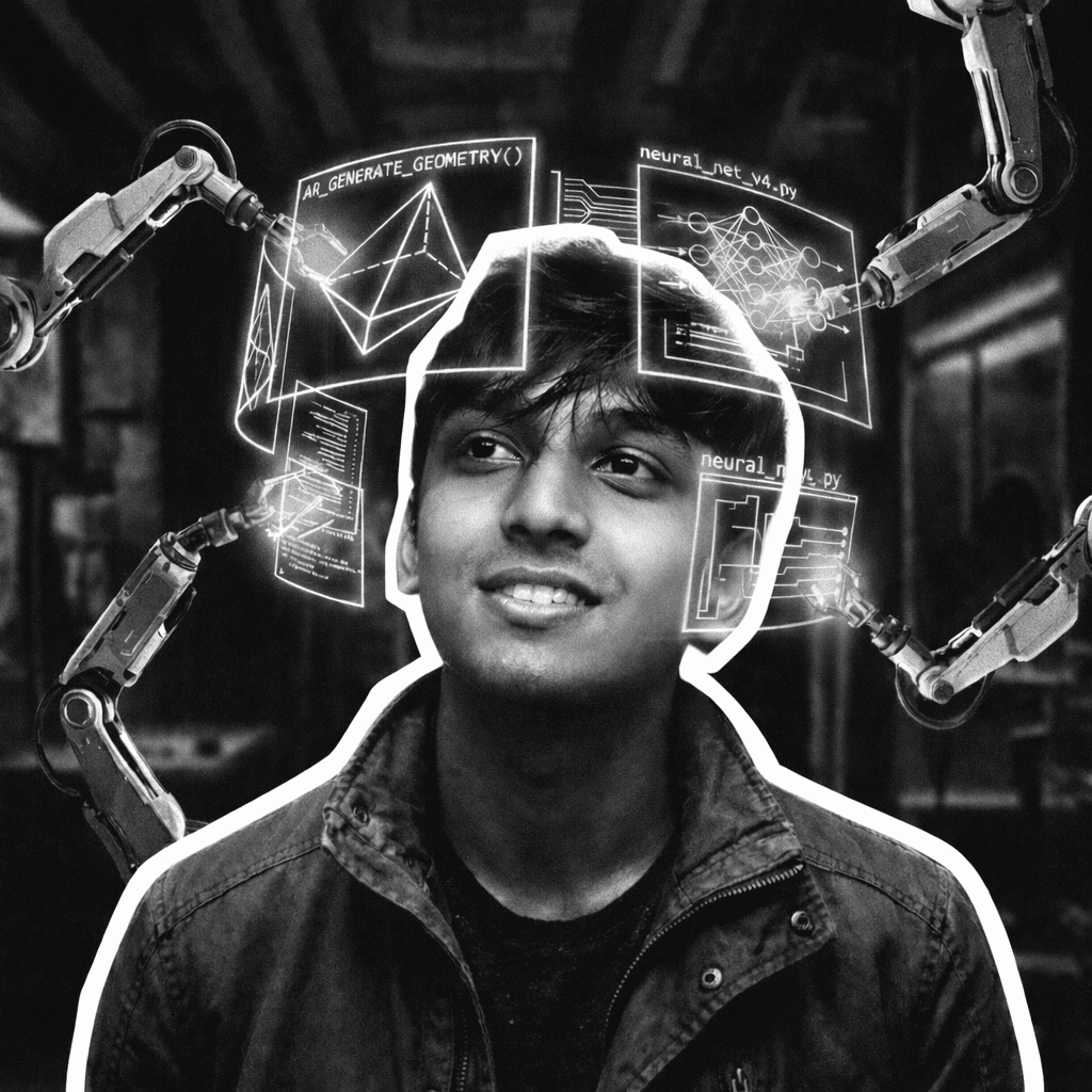 Sahil Prasad looking upward with AR wireframes